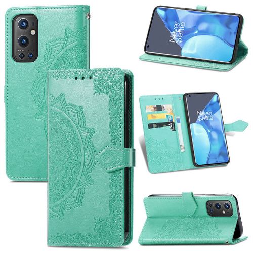 Saturcase Coque Pour Oneplus 9 Pro, Mandala Gaufrage Pu Cuir Magnétique Flip Portefeuille Support Porte-Carte Protecteur Housse Étui Avec Dragonne Pour Oneplus 9 Pro (Vert)