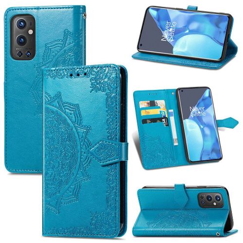 Saturcase Coque Pour Oneplus 9 Pro, Mandala Gaufrage Pu Cuir Magnétique Flip Portefeuille Support Porte-Carte Protecteur Housse Étui Avec Dragonne Pour Oneplus 9 Pro (Bleu)