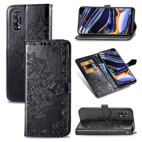 Saturcase Coque Pour Realme 7 Pro, Mandala Gaufrage Pu Cuir Magnétique Flip Portefeuille Support Porte-Carte Protecteur Housse Étui Avec Dragonne Pour Realme 7 Pro (Noir)