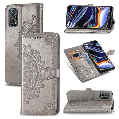 Saturcase Coque Pour Realme 7 Pro, Mandala Gaufrage Pu Cuir Magnétique Flip Portefeuille Support Porte-Carte Protecteur Housse Étui Avec Dragonne Pour Realme 7 Pro (Gris)