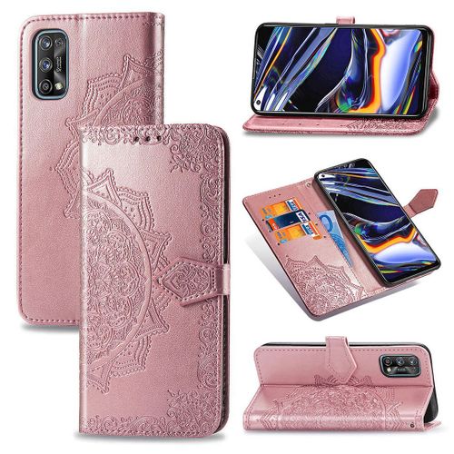Saturcase Coque Pour Realme 7 Pro, Mandala Gaufrage Pu Cuir Magnétique Flip Portefeuille Support Porte-Carte Protecteur Housse Étui Avec Dragonne Pour Realme 7 Pro (Or Rose)