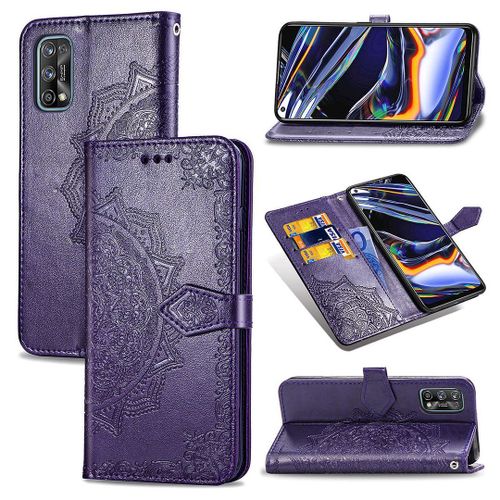 Saturcase Coque Pour Realme 7 Pro, Mandala Gaufrage Pu Cuir Magnétique Flip Portefeuille Support Porte-Carte Protecteur Housse Étui Avec Dragonne Pour Realme 7 Pro (Violet)