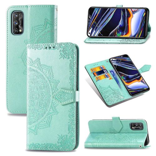 Saturcase Coque Pour Realme 7 Pro, Mandala Gaufrage Pu Cuir Magnétique Flip Portefeuille Support Porte-Carte Protecteur Housse Étui Avec Dragonne Pour Realme 7 Pro (Vert)