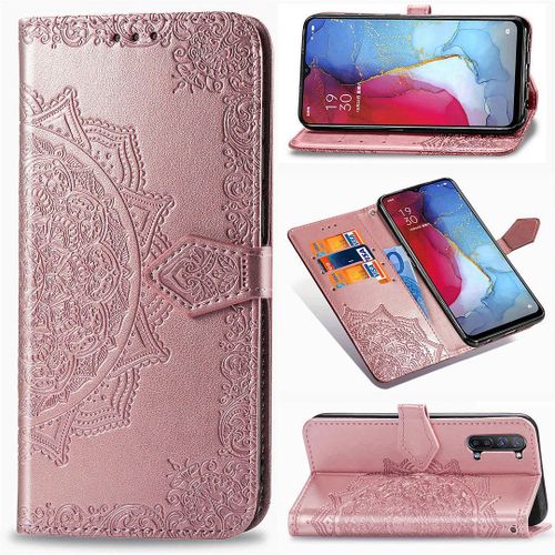 Saturcase Coque Pour Oppo Find X2 Lite, Mandala Gaufrage Pu Cuir Magnétique Flip Portefeuille Support Porte-Carte Protecteur Housse Étui Avec Dragonne Pour Oppo Find X2 Lite (Or Rose)