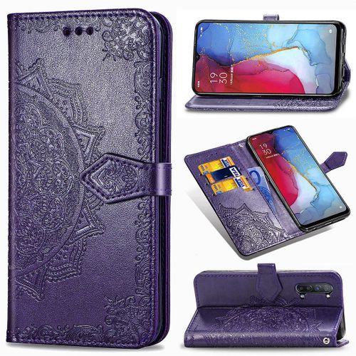 Saturcase Coque Pour Oppo Find X2 Lite, Mandala Gaufrage Pu Cuir Magnétique Flip Portefeuille Support Porte-Carte Protecteur Housse Étui Avec Dragonne Pour Oppo Find X2 Lite (Violet)