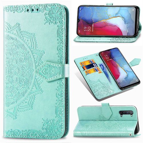 Saturcase Coque Pour Oppo Find X2 Lite, Mandala Gaufrage Pu Cuir Magnétique Flip Portefeuille Support Porte-Carte Protecteur Housse Étui Avec Dragonne Pour Oppo Find X2 Lite (Vert)