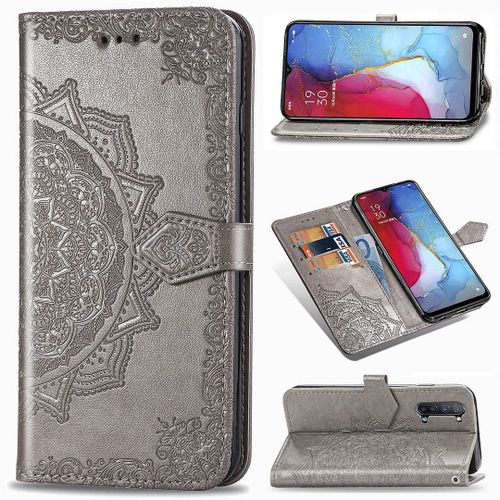 Saturcase Coque Pour Oppo Find X2 Lite, Mandala Gaufrage Pu Cuir Magnétique Flip Portefeuille Support Porte-Carte Protecteur Housse Étui Avec Dragonne Pour Oppo Find X2 Lite (Gris)