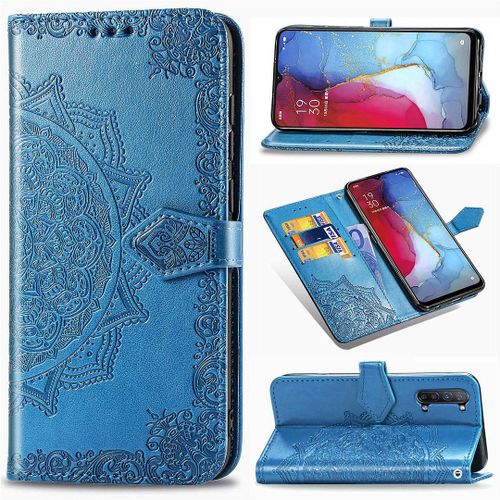 Saturcase Coque Pour Oppo Find X2 Lite, Mandala Gaufrage Pu Cuir Magnétique Flip Portefeuille Support Porte-Carte Protecteur Housse Étui Avec Dragonne Pour Oppo Find X2 Lite (Bleu)