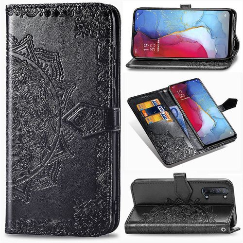 Saturcase Coque Pour Oppo Find X2 Lite, Mandala Gaufrage Pu Cuir Magnétique Flip Portefeuille Support Porte-Carte Protecteur Housse Étui Avec Dragonne Pour Oppo Find X2 Lite (Noir)