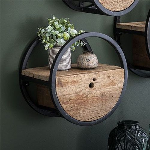 Etagère Murale Ronde 40x25x40 Cm En Bois Brut Et Métal - Round