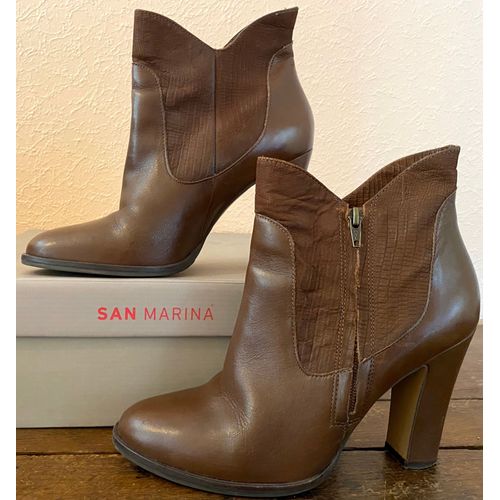 Bottines Femme À Talon Hauts, Taille 39, Cuir Marron, San Marina