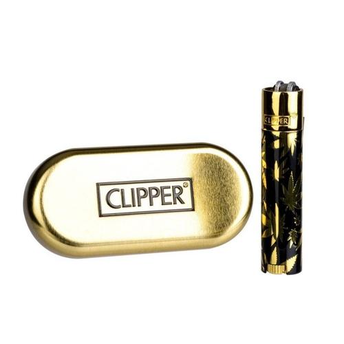 Briquet CLIPPER METAL pierre DORE OR LEAF FEUILLES DORE NOIR + boite OFFERTE