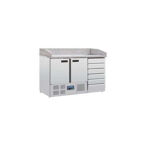 Comptoir inox à pizza 257 Litres, 2 portes GN 1/1 & 6 tiroirs à pâtons, dessus en marbre, 155 W, 220 V - MONO