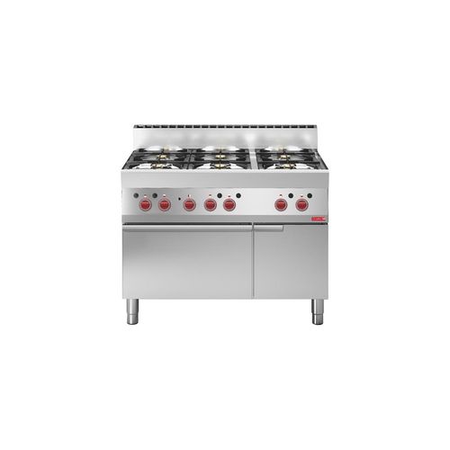 Fourneau inox à gaz 6 feux vifs sur four électrique, 400 V & GAZ