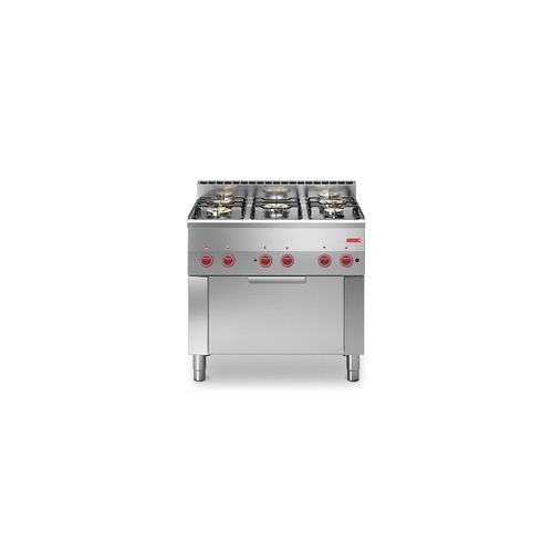 Fourneau inox à gaz 5 feux vifs sur four électrique GN 1/1, 220 V & GAZ
