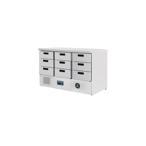 Table inox réfrigérée positive 9 tiroirs GN 1/1 (P)65 mm, 235 W, 220 V - MONO
