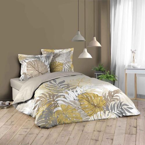 Housse De Couette - 240 X 220 Cm + Taies - Feuillage Blanc, Beige Et Doré - Beige Beige