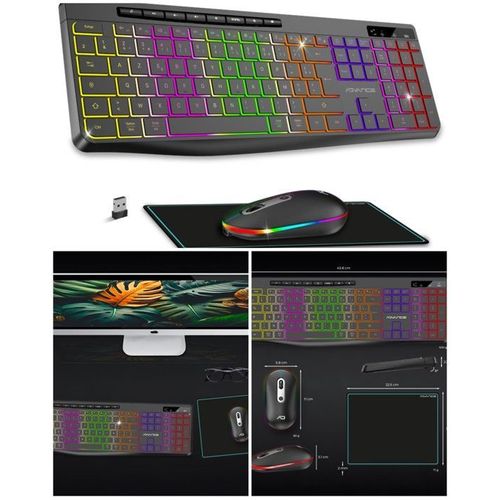 Clavier sans fil NOIR RF 2.4GHz LEDS RGB Compatible MAC Windows AZERTY IPX4 ETANCHE + Souris sans fil 1600dpi + Tapis souris