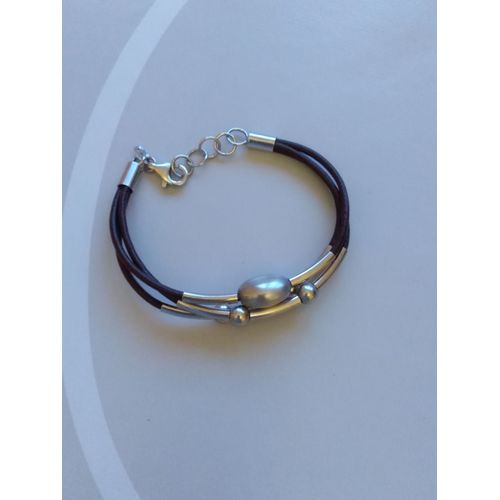 Bracelet En Argent Et Cordon Cuir