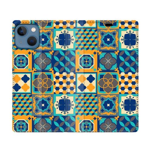 Housse Cuir Portefeuille Pour Iphone 14 (6.1) Texture Carreau Ciment Orange