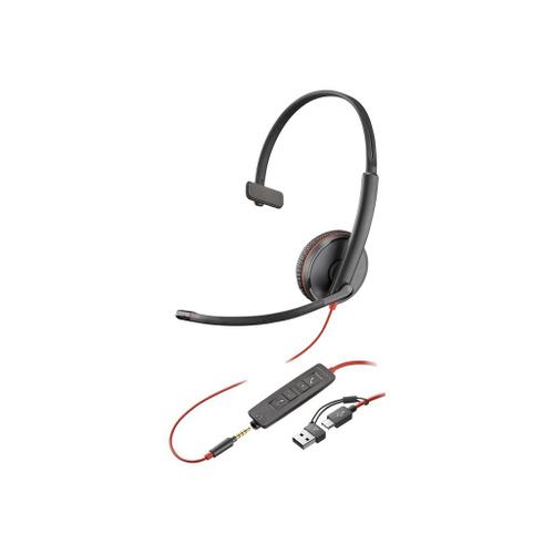 Poly Blackwire 3215 - Blackwire 3200 Series - micro-casque - sur-oreille - filaire - jack 3,5mm, USB-C - noir - Certifié pour Skype for Business, Certifié Avaya, certifié Cisco Jabber, certifié...