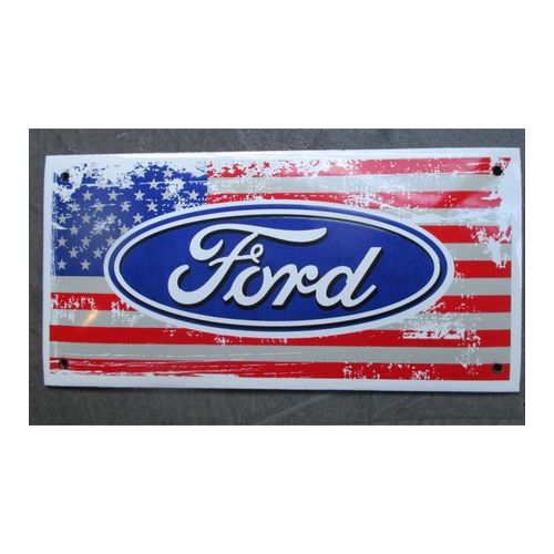 Mini Plaque Emaillée Logo Ford Sur Drapeau Des Usa 20x10 Cm Deco Garage