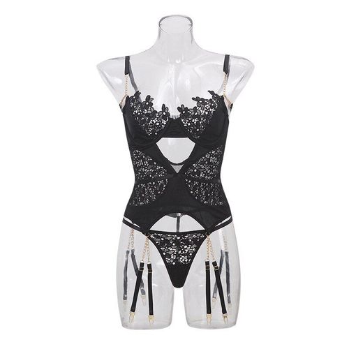Soutien-Gorge En Dentelle Pour Femmes, Sous-Vêtements Fantaisie, Sexy, Lingerie, Avec Chaîne, Jarretelles, String, Ensembles De Slips Noirs À Armatures, Bilizna