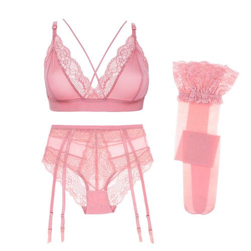 Ensemble De Soutien-Gorge + Jarretelles + Culottes + Strings + Bas, Sous-Vêtements Sexy En Dentelle, 5 Pièces, Noir/Rose/Blanc, Vente En Gros