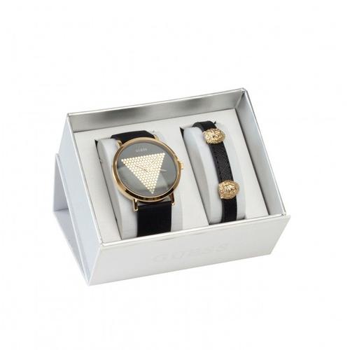 Guess Coffret Montre Homme Acier Dor? Silicone Noir + Bracelet Cuir Jubs01532jwyg