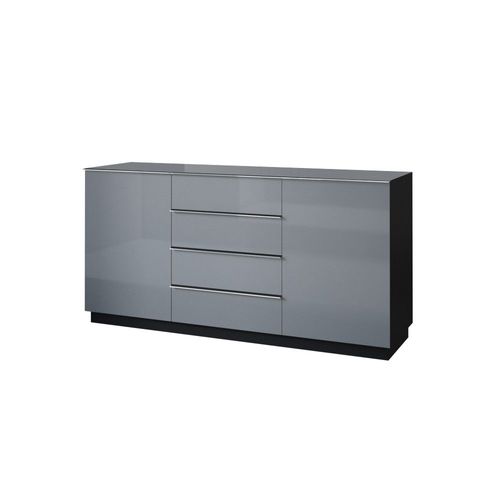 Buffet 160cm 2 Portes Et 4 Tiroirs Collection Zante. Coloris Noir Et Gris Brillant.