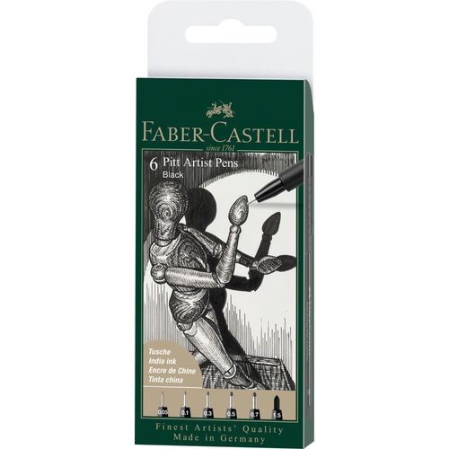 Faber Castell - 6 Pitt Artist Pen, Brush - Black (167154)