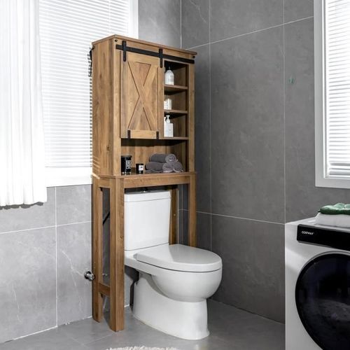 Costway Meuble Wc Au-Dessus De Toilettes En Bois 4 Étagères Avec Porte Coulissante Pour Salle De Bain, 67 X 25 X 172 Cm