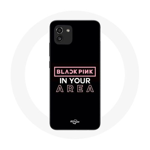 Coque Pour Samsung Galaxy A03 Blackpink In Your Area Fond Noir Logo Rose