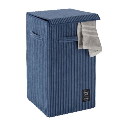 Panier À Linge Vintage Desing Velours Cora - L. 33 X H. 58 Cm - Bleu