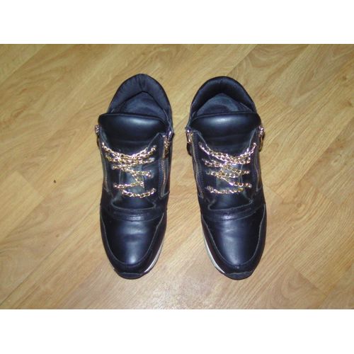 Baskets Montantes Simili Cuir Et Daim Noir Décos Dorées Taille 39 Tbe