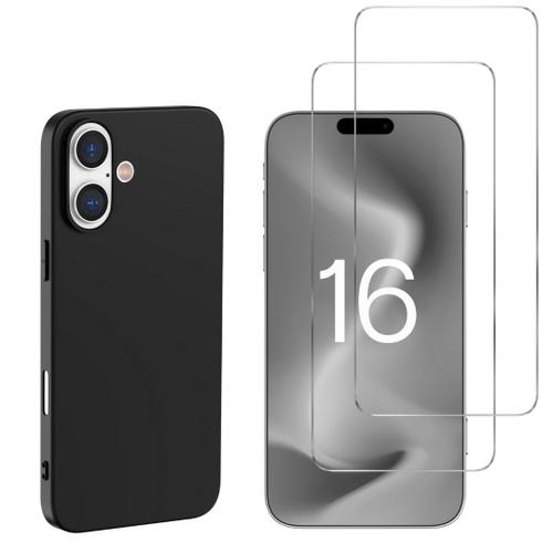 Coque Noir Pour Iphone 16 Et 2 Verres Trempé Film Protection Ecran Phonillico®