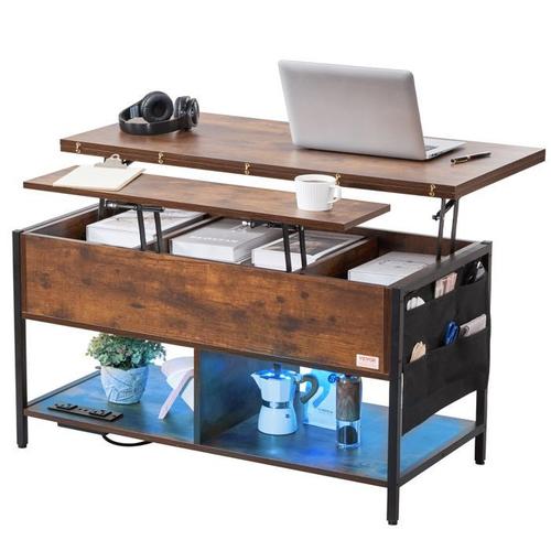 Table Basse Avec Plateau Relevable-Vevor-Table Basse De Salon Rectangulaire Avec Poche De Rangement Supplémentaire-Marron