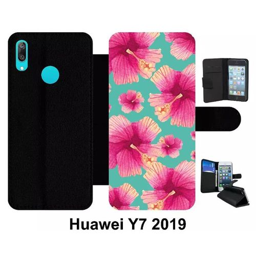 Etui À Rabat Huawei Y7 - Hibiscus Fond Turquoise - Simili-Cuir - Noir