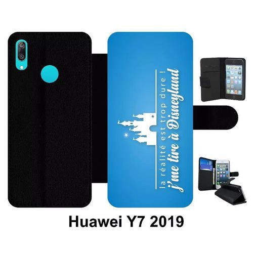 Etui À Rabat Huawei Y7 - La Realite Est Tropdure Jme Tire A Disney Fond Turquoise - Simili-Cuir - Noir