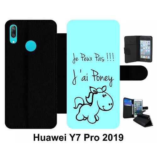 Etui À Rabat Huawei Y7 Pro - Citation Poney Turquoise - Simili-Cuir - Noir
