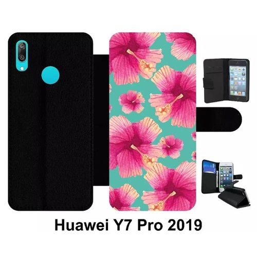 Etui À Rabat Huawei Y7 Pro - Hibiscus Fond Turquoise - Simili-Cuir - Noir