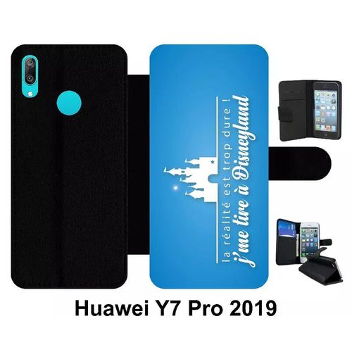 Etui À Rabat Huawei Y7 Pro - La Realite Est Tropdure Jme Tire A Disney Fond Turquoise - Simili-Cuir - Noir