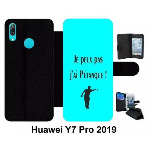Etui À Rabat Huawei Y7 Pro - Je Peux Pas J Ai Petanque Turquoise - Simili-Cuir - Noir