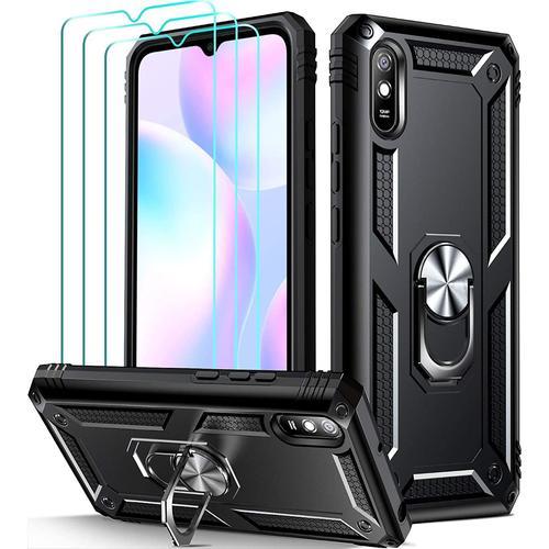 Coque Pour Xiaomi Redmi 9a Redmi 9at Avec Protecteur D'écran En Verre Trempé Cristal *3, Coque Antichoc Avec Anneau Aimanté, Coque En Tpu Silicone Rigide Noir