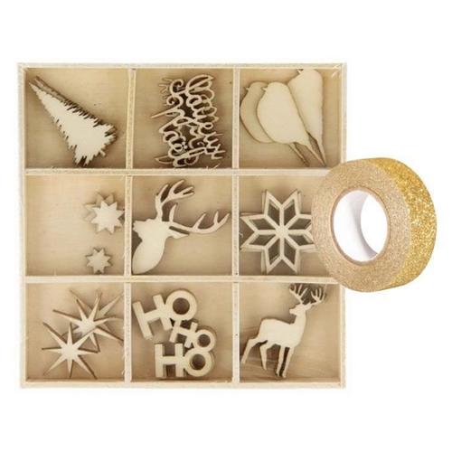 Coffret de 27 mini décorations en bois Noël + masking tape doré à paillettes 5 m