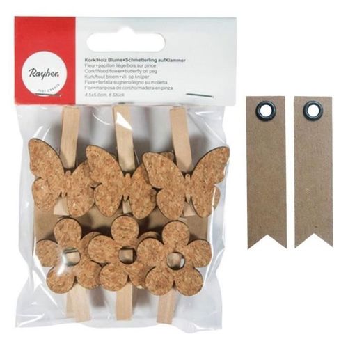 6 pinces à linge bois fleurs & papillons liège + 20 étiquettes kraft Fanion