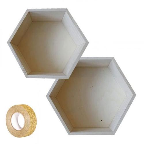 2 Étagères Hexagonales Bois 24 X 21 Cm Et 27 X 23,5 Cm + Masking Tape Doré À Paillettes 5 M Offert