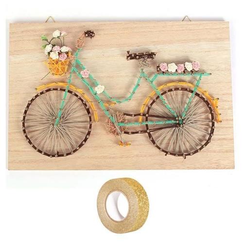 Coffret Cadre Bois String Art Bicyclette 30 Cm + Masking Tape Doré À Paillettes 5 M Offert