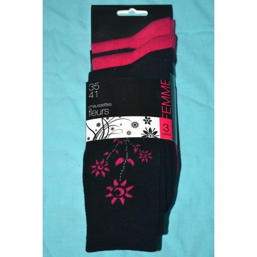 Lot De 3 Paires De Chaussettes Femmes 35 - 36 - 37 -38 - 39 -40 - 41 Motif Fleurs Fille Douces Et Chaudes Hiver En Coton Noir Et Rose Fuchsia