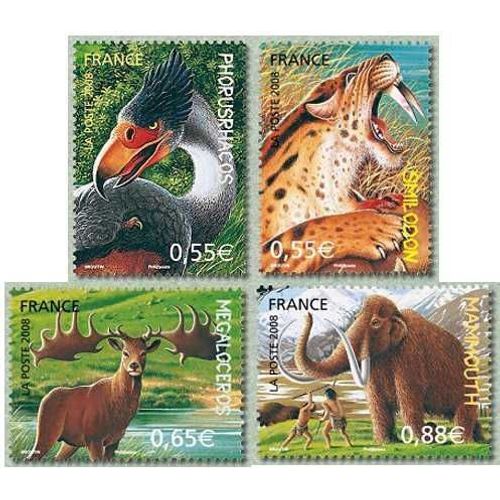 France 2008, Tres Belle Serie Complete Neuve** Luxe Animaux De La Prehistoire, Yvert 4175 Le Smilodon, 4176 Le Phorusphacos, 4177 Le Megaloceros, 4178 Le Mammouth.
